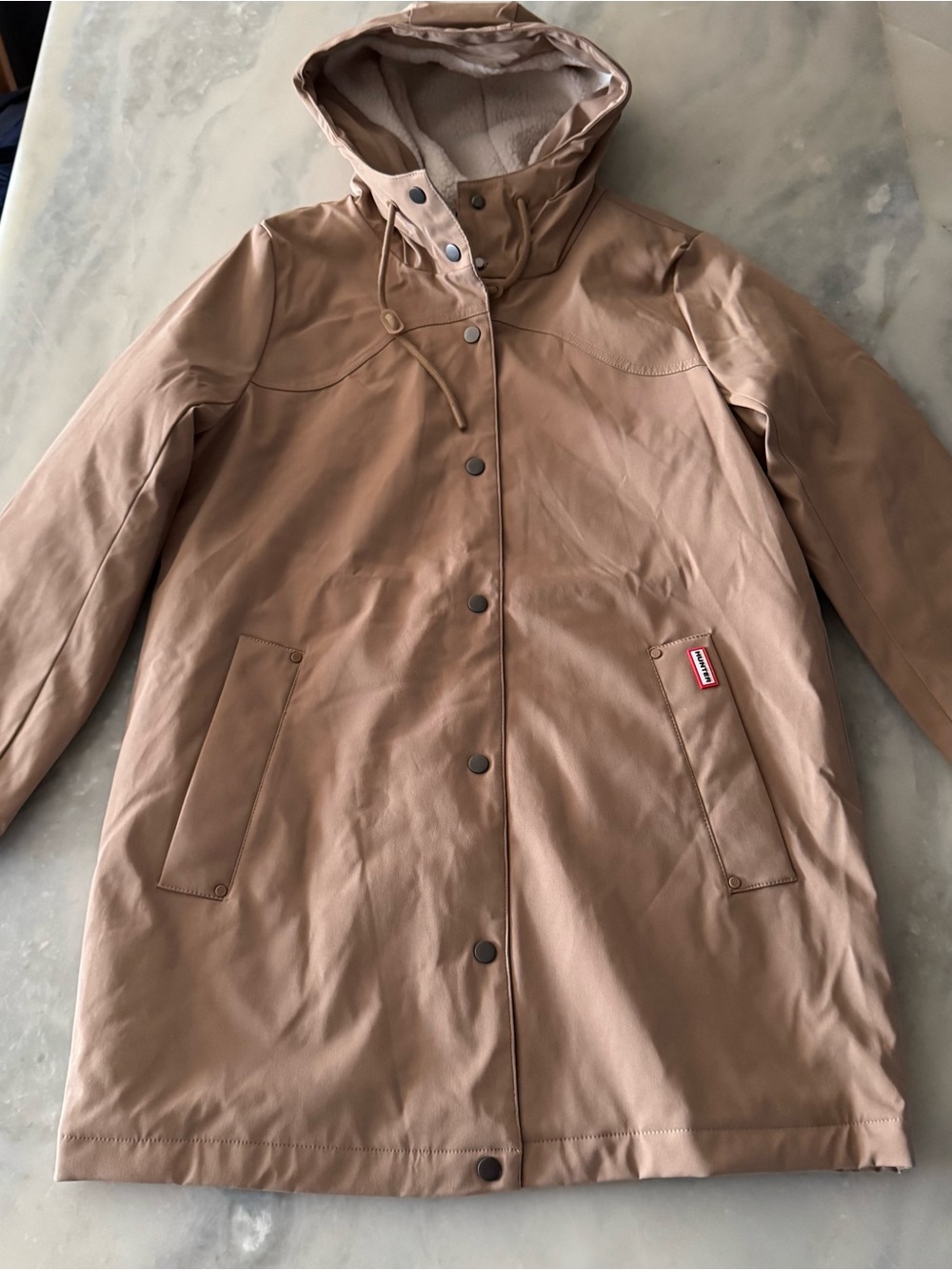 HUNTER Tan Billie Mid Length Hooded Rain Jacket nwot